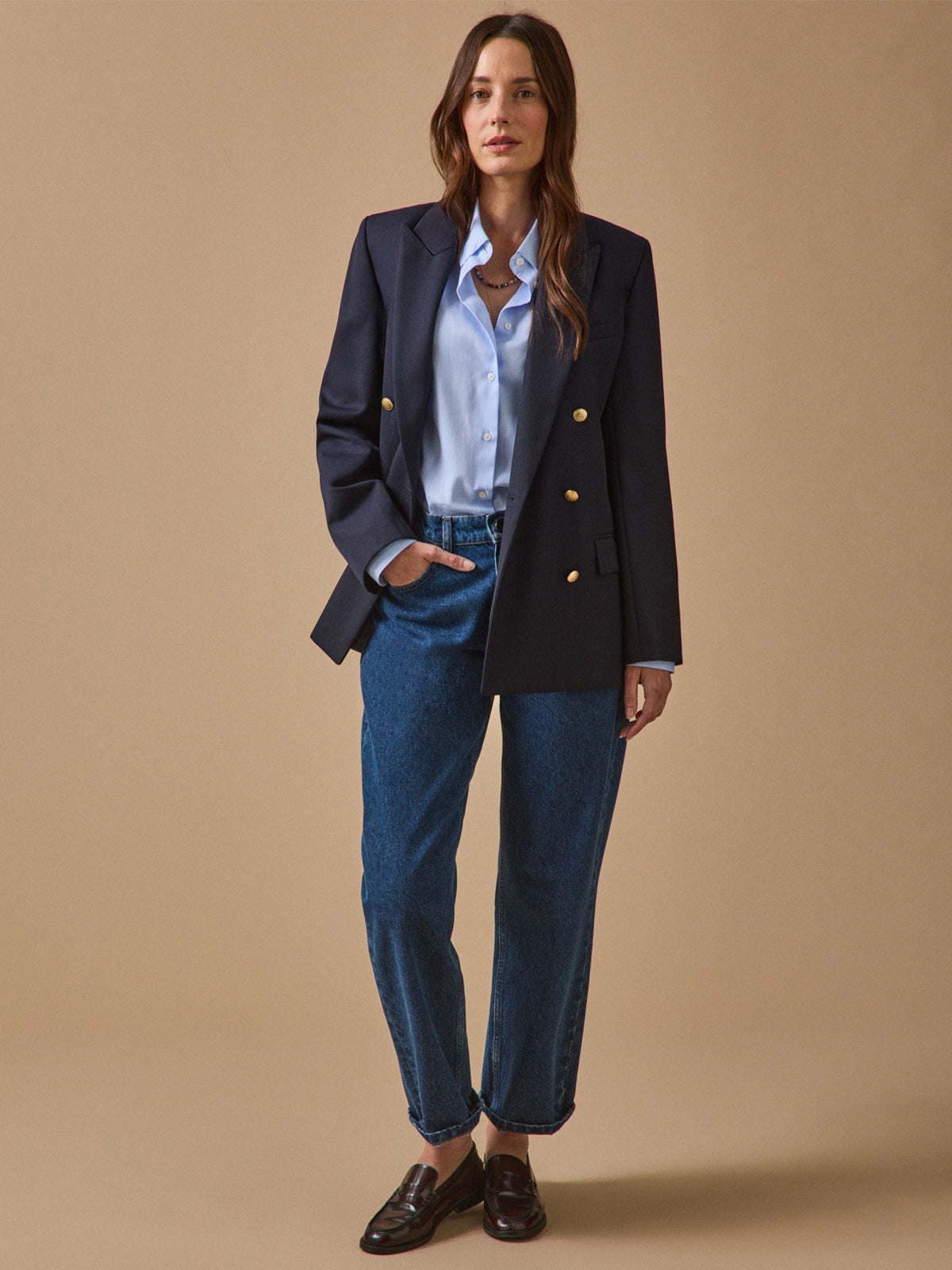 Veste blazer twill uni femme boutons dorés