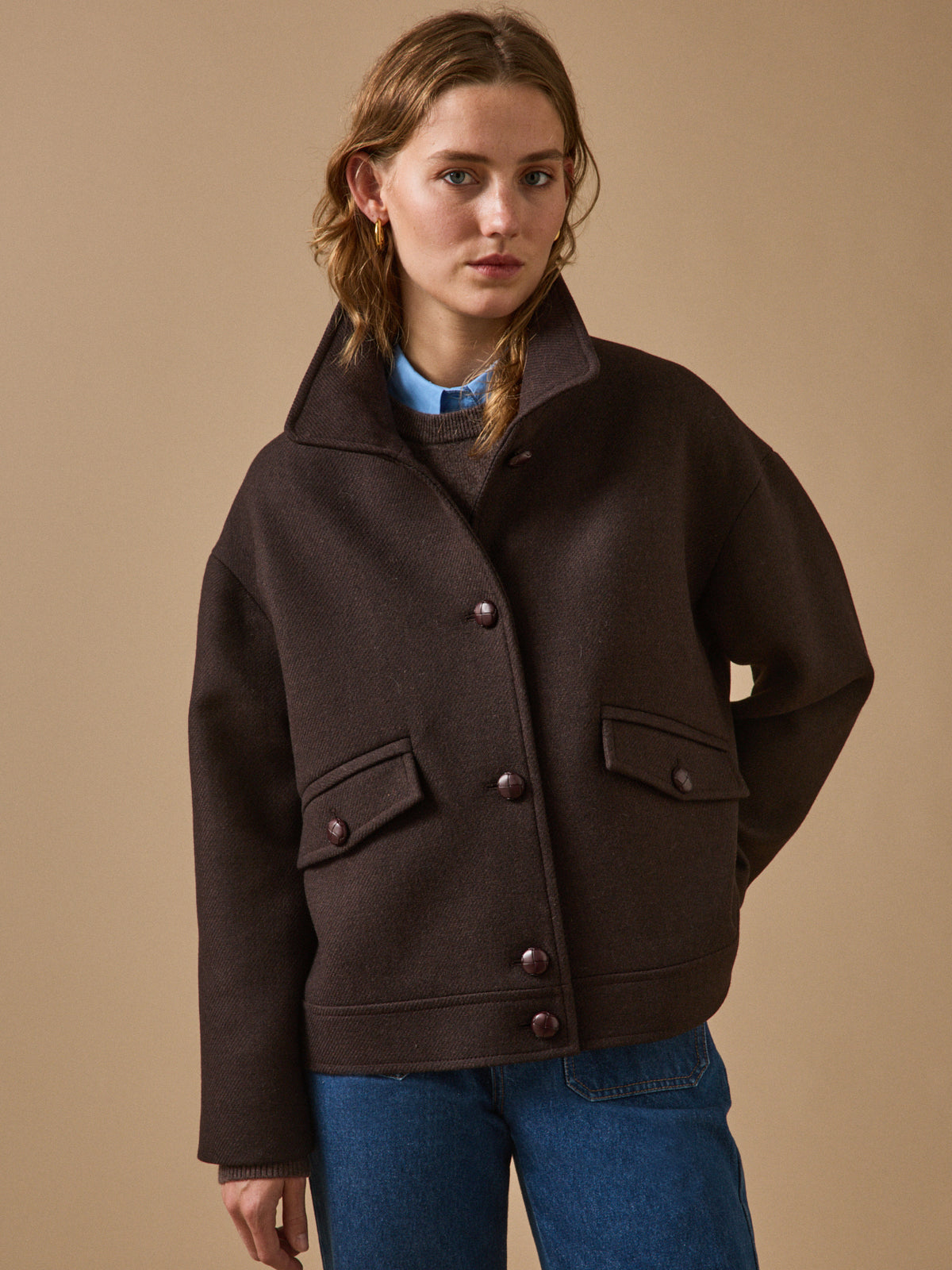 Manteau court lainage uni femme