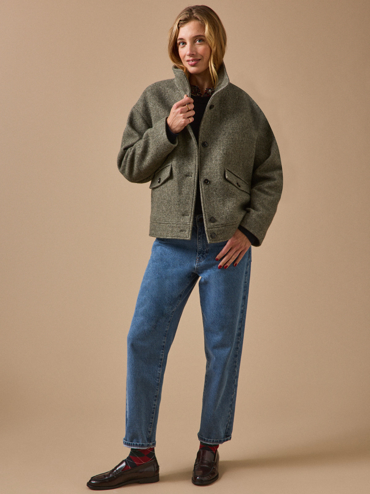 Manteau court lainage chevrons femme