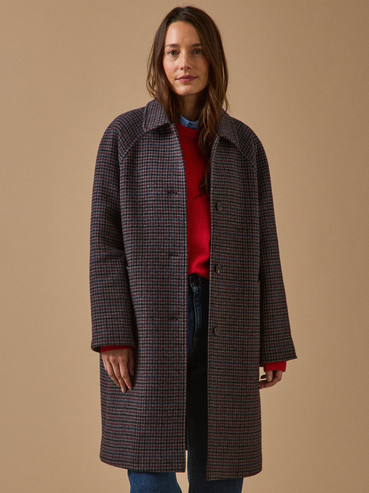 Manteau mi-long lainage pied-de-poule femme