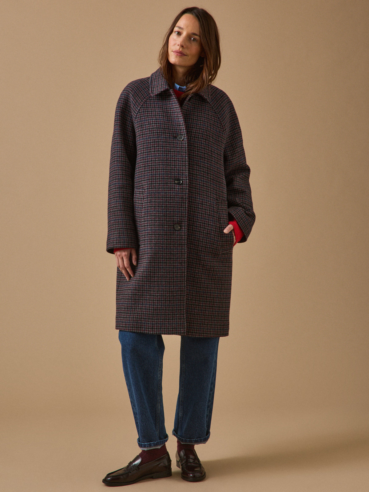 Manteau mi-long lainage pied-de-poule femme
