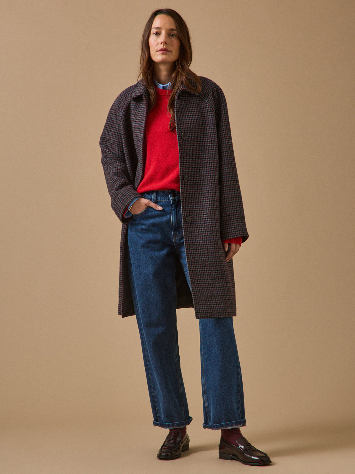 Manteau mi-long lainage pied-de-poule femme