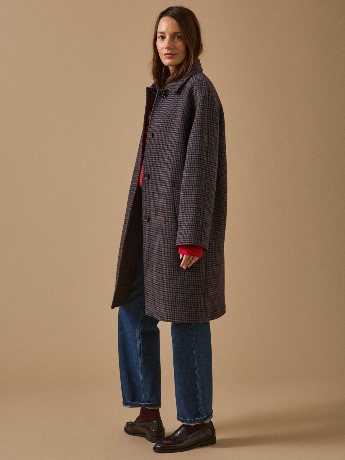 Manteau mi-long lainage pied-de-poule femme