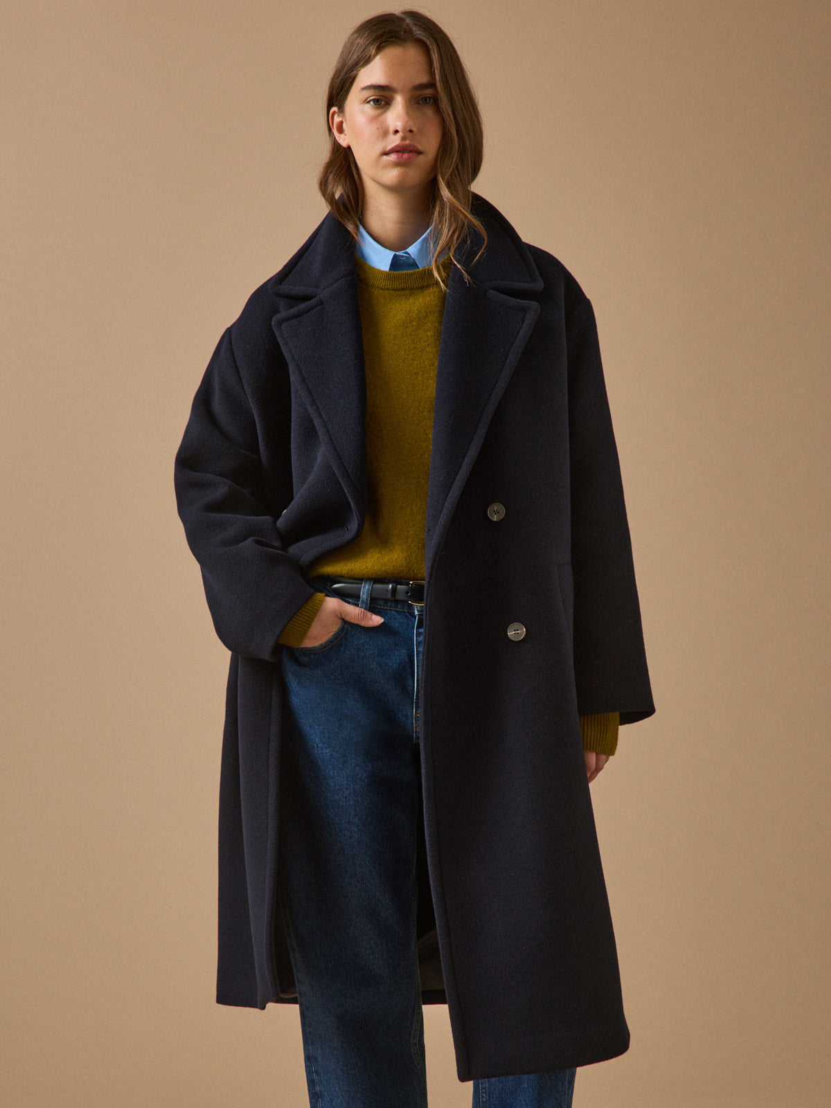 Manteau long lainage uni femme