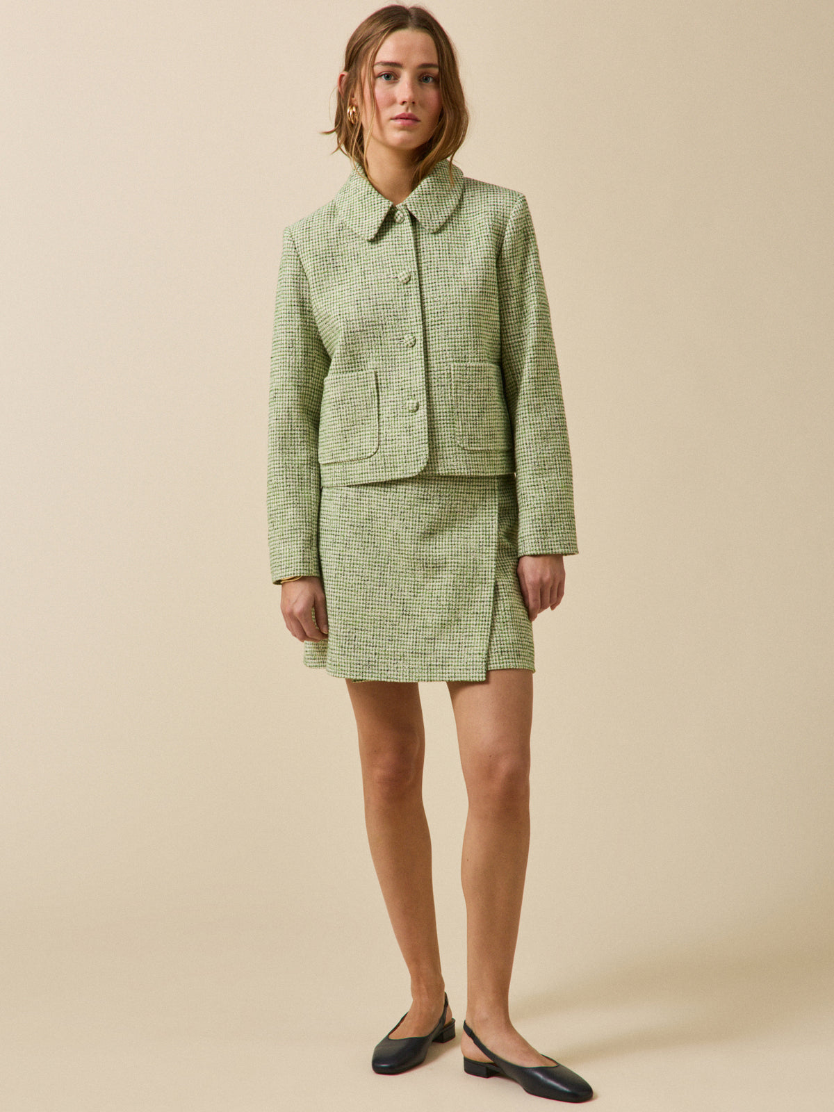 Jupe courte portefeuille tweed carreaux femme