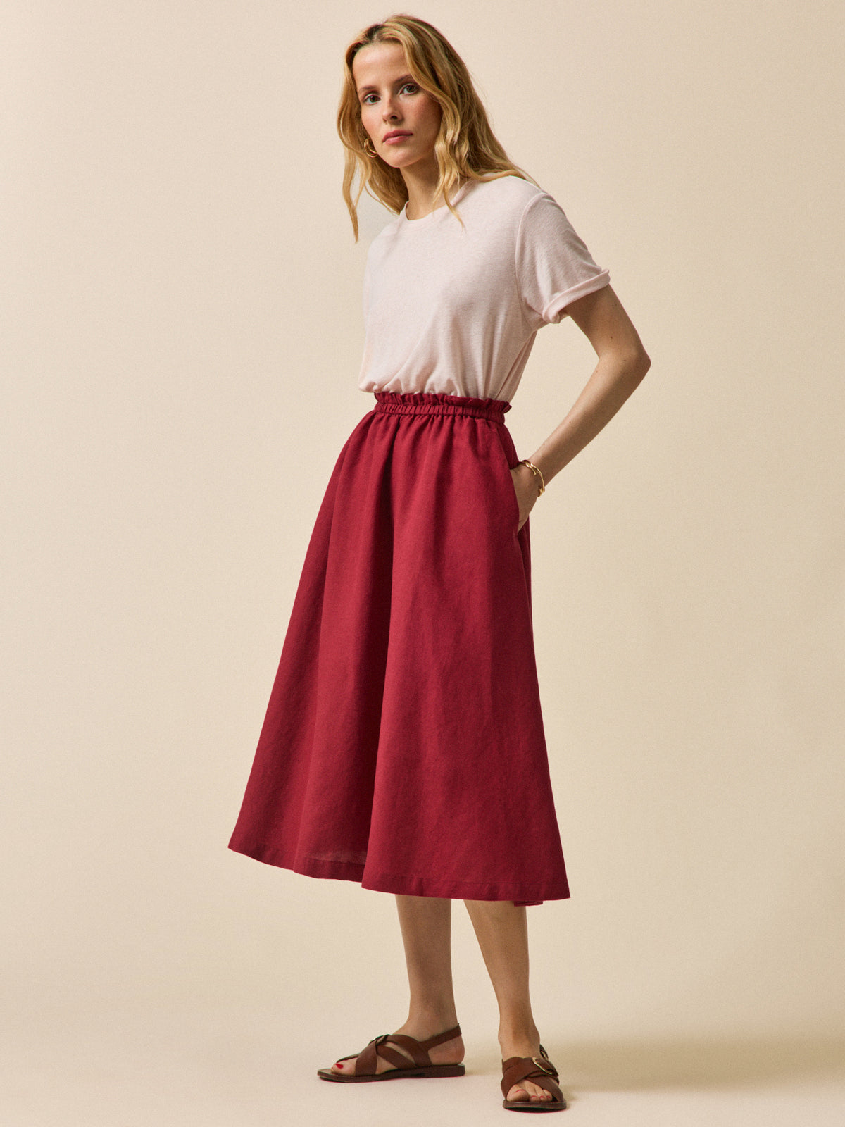 Jupe mi-longue lin et viscose femme