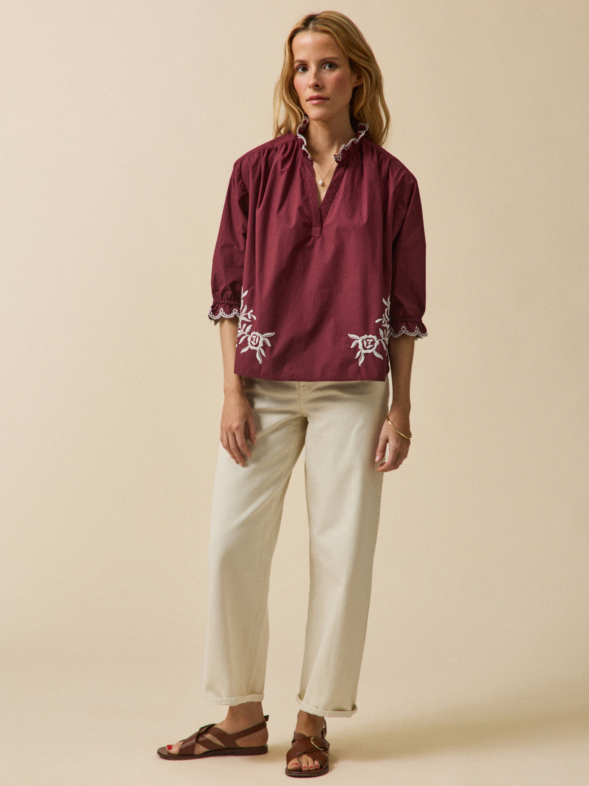 Blouse col volanté coton brodé femme