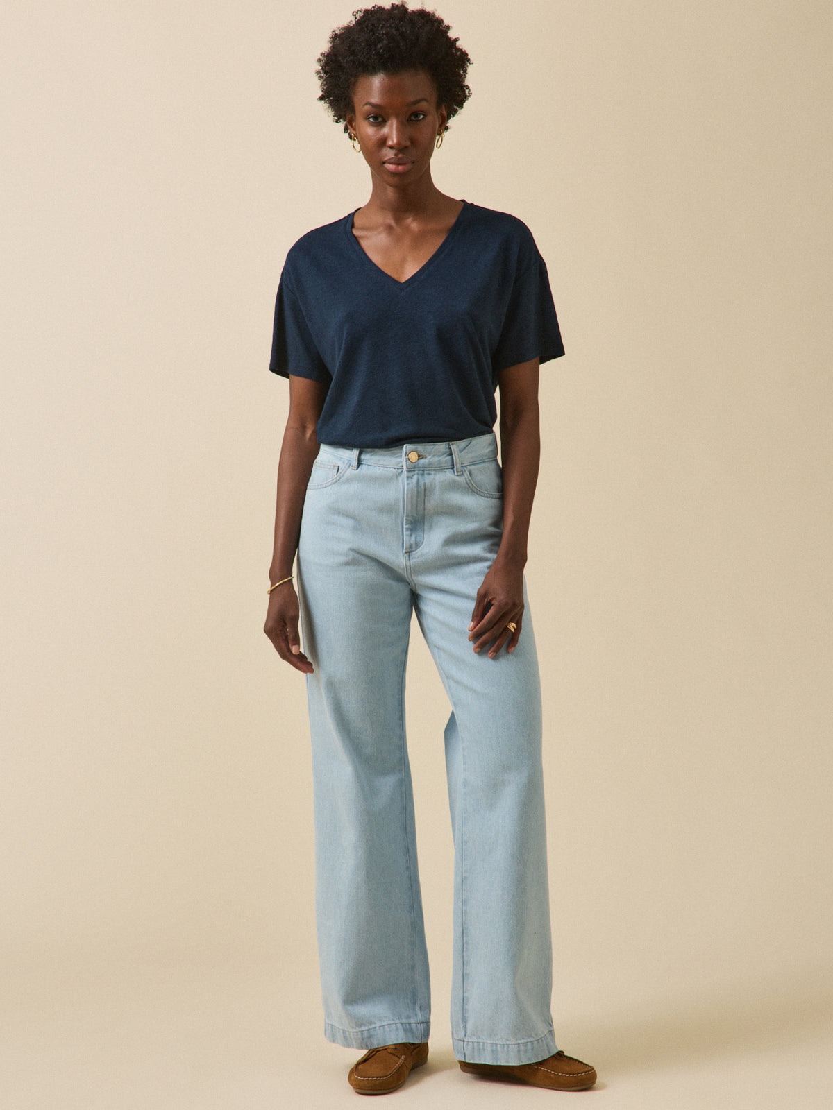 T-shirt col V femme lin et viscose