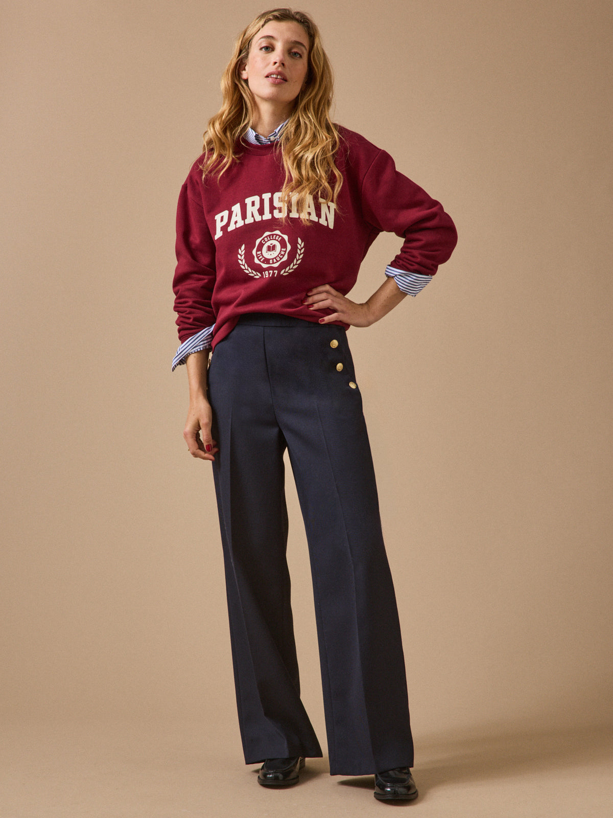 Pantalon large à pont boutons dorés femme Maé